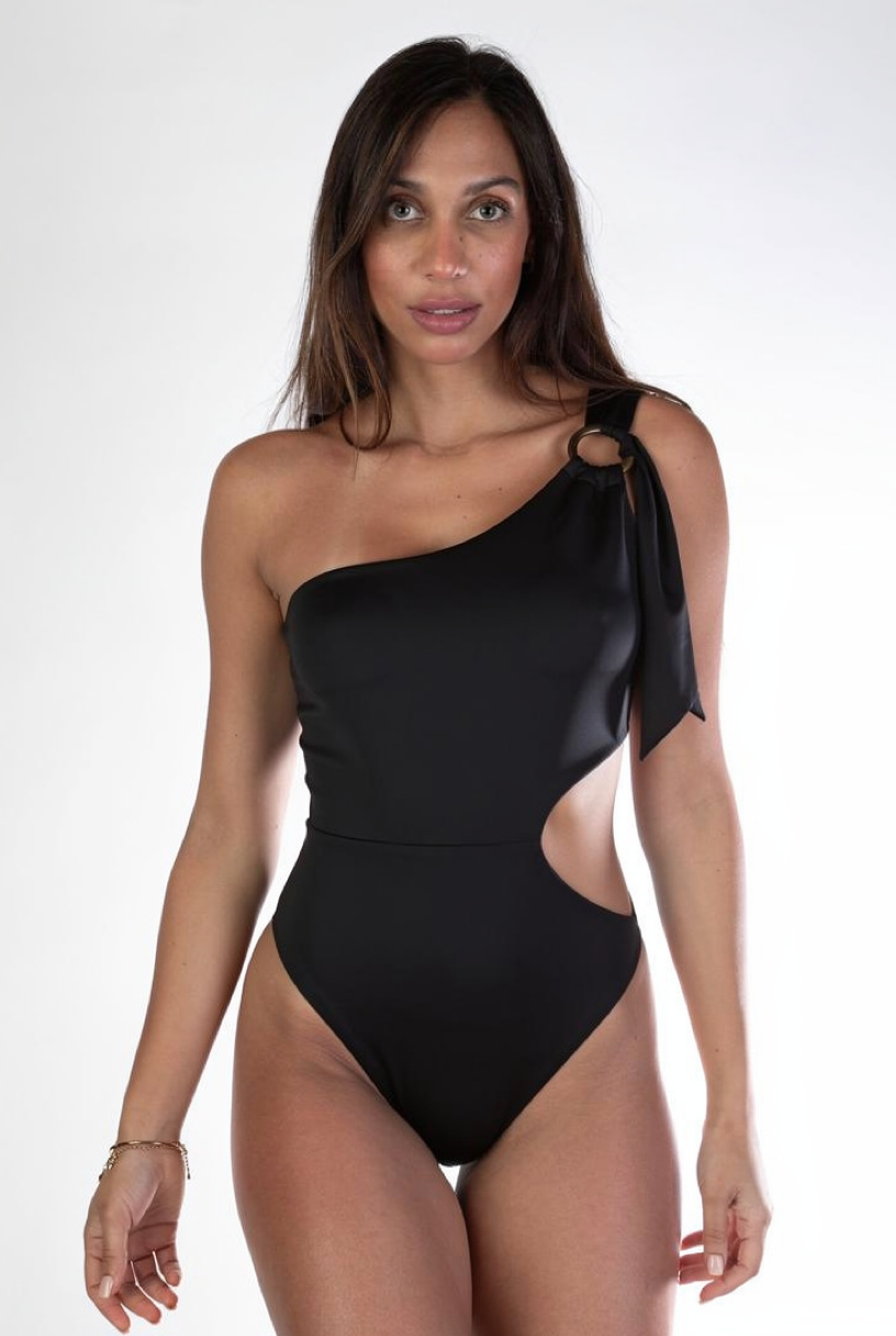 One Shoulder Black Cutout One Piece Swimsuit Women, Asymmetrical Bathing Suit