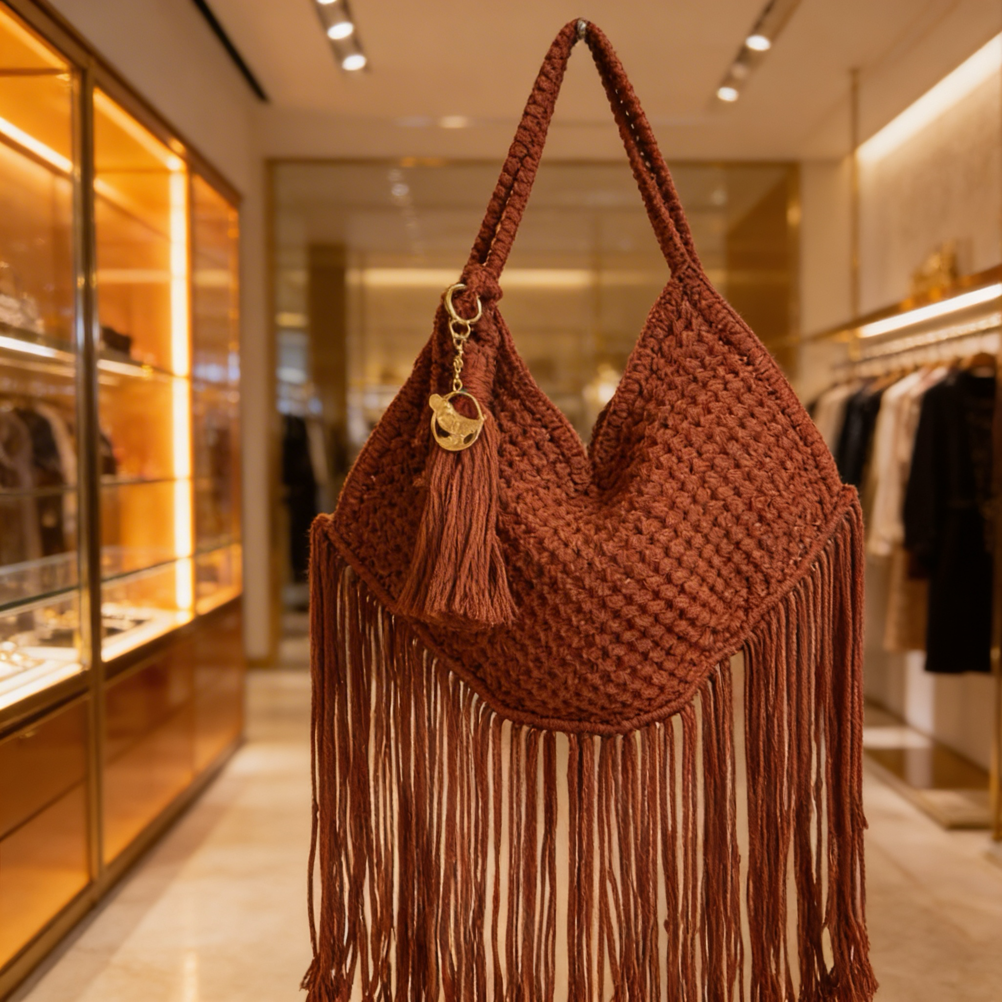 Handmade Brown Macrame Bag, Unique Boho Fringe Bag, Handwoven Shoulder Purse, Tote Crochet &nbsp;Handbag.