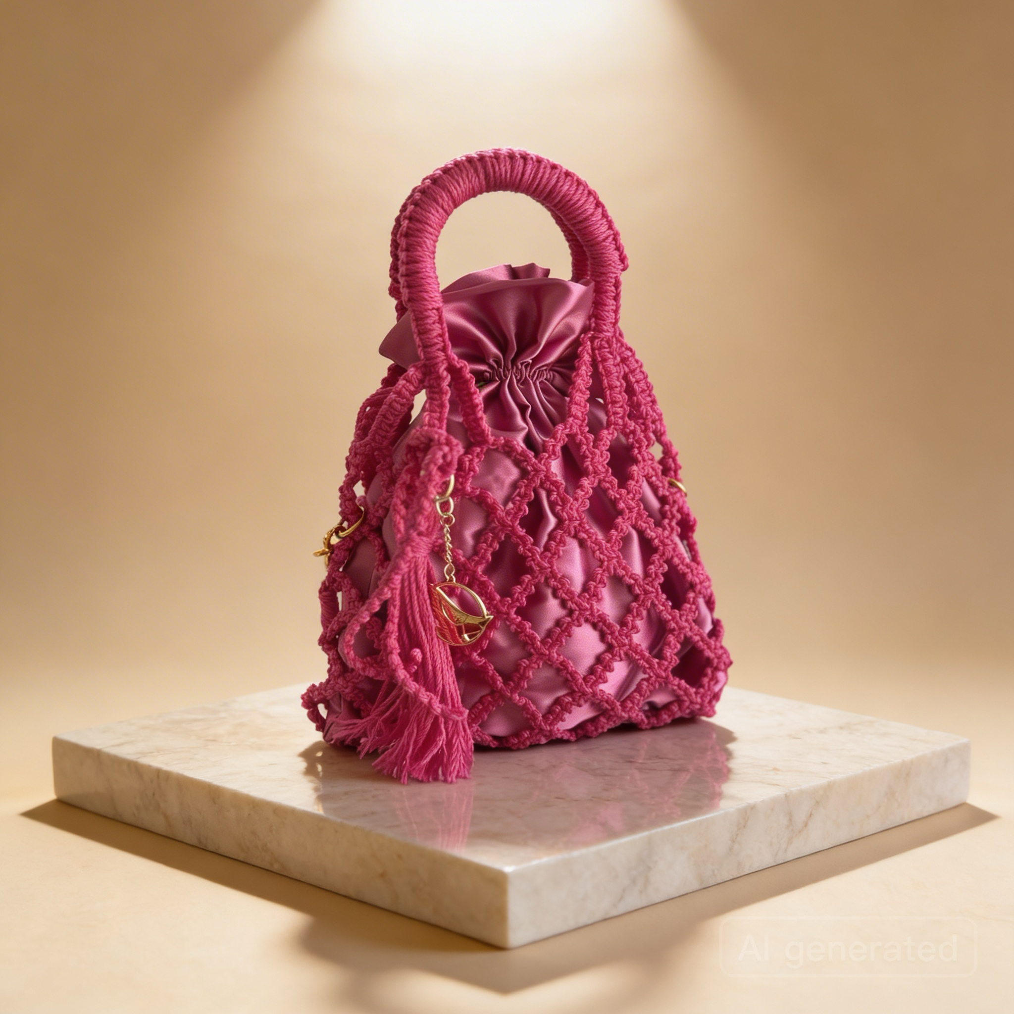 Handmade Macrame Fishnet Bag, Unique Luxury Handbag,  Handle top Small Macrame Purse