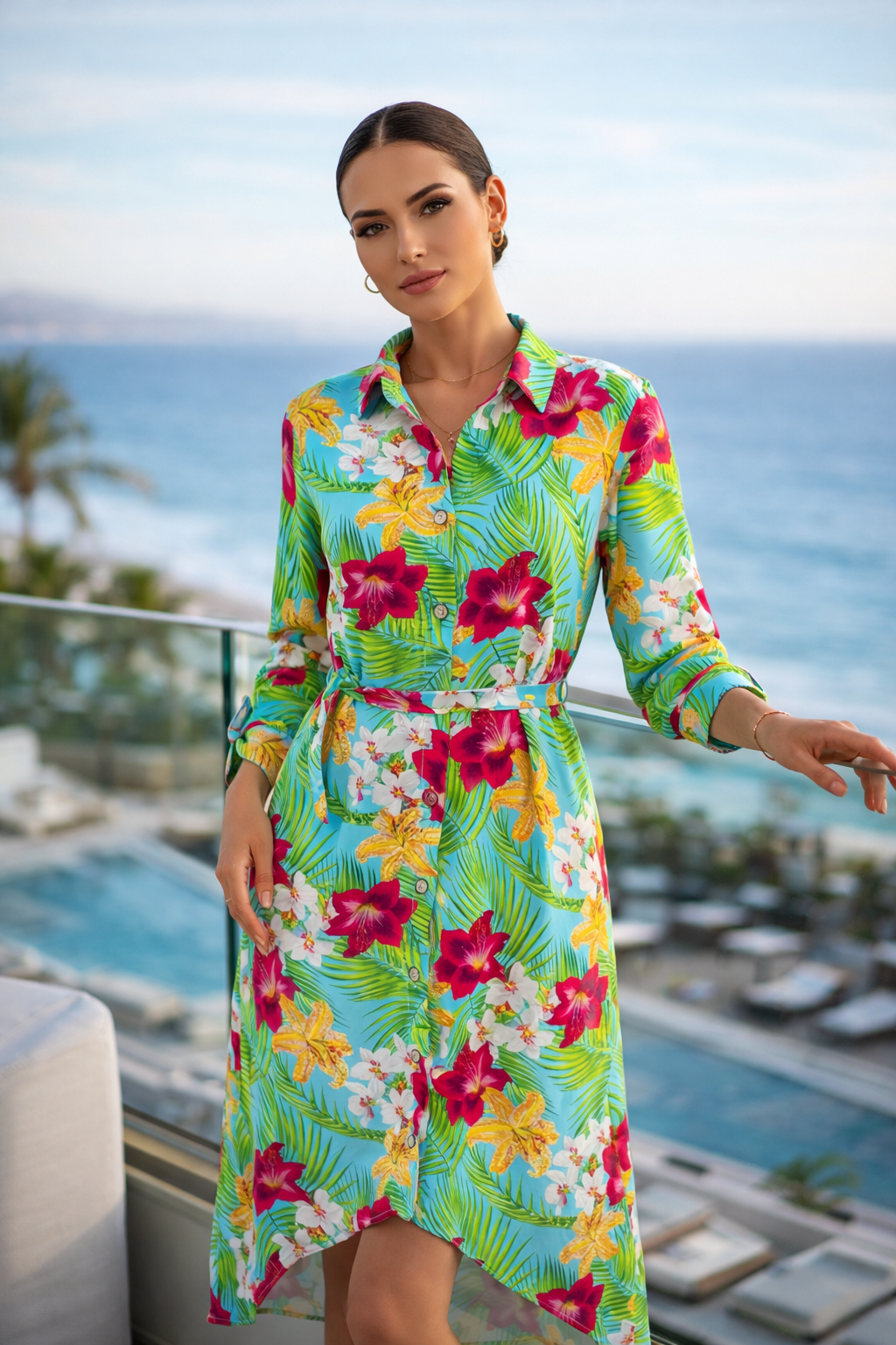Floral Midi Dress Asymmetrical High-low Hemline with Pockets and Belt, Tropical Boho Dress for Women, Button Down Summer Dress, Resort Wear