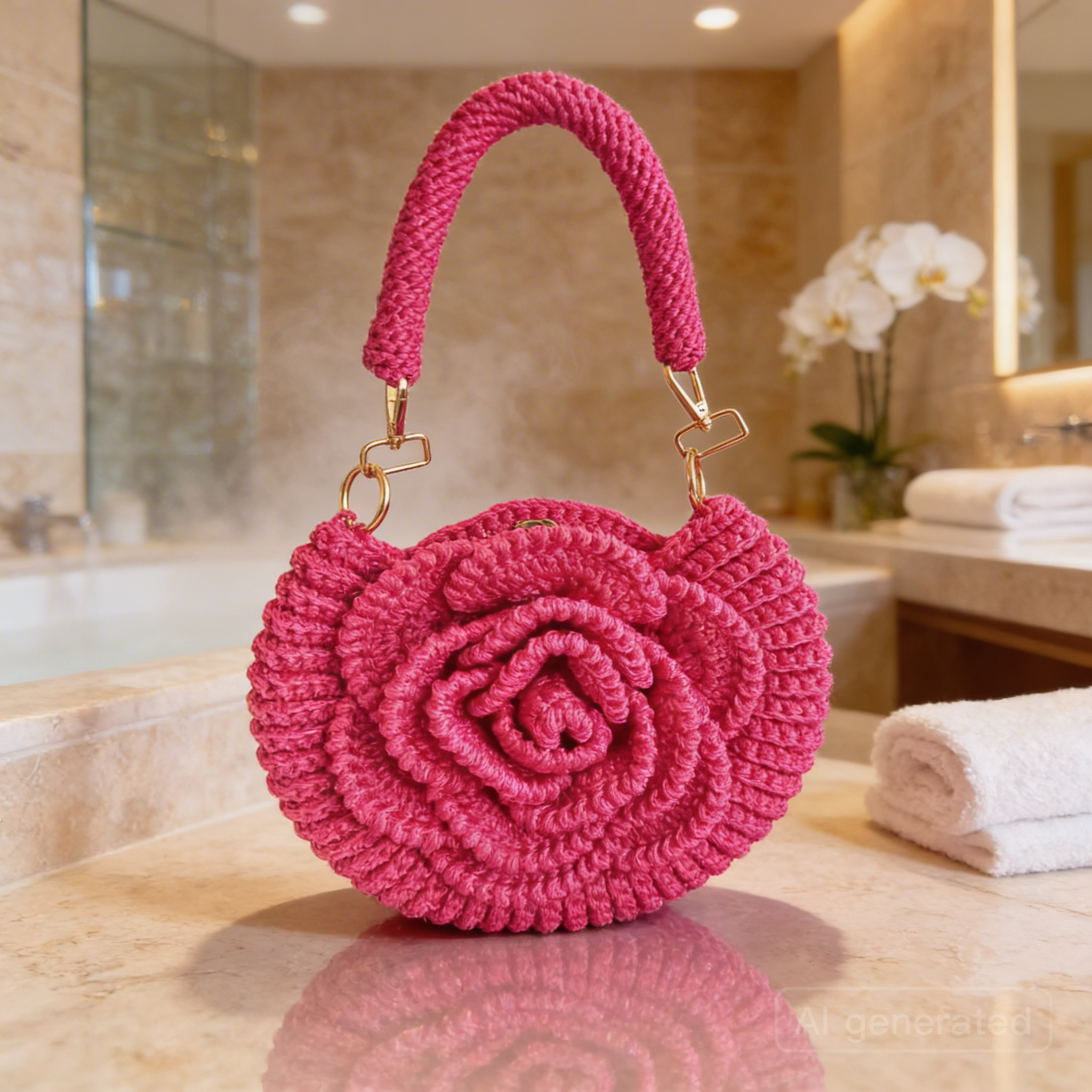 Handmade Rose Crochet Top Handle Bag, Round Flower Knitted Purse