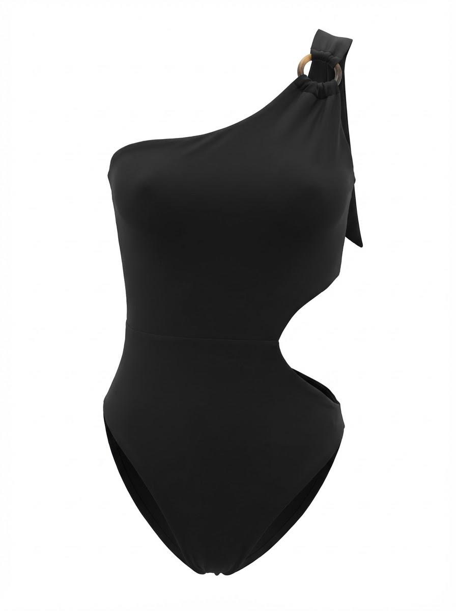 One Shoulder Black Cutout One Piece Swimsuit Women, Asymmetrical Bathing Suit