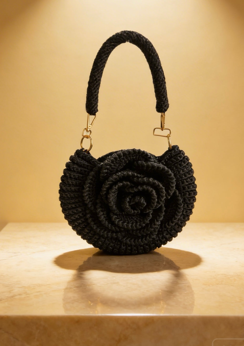 Handmade Rose Crochet Top Handle Bag, Round Flower Knitted Purse