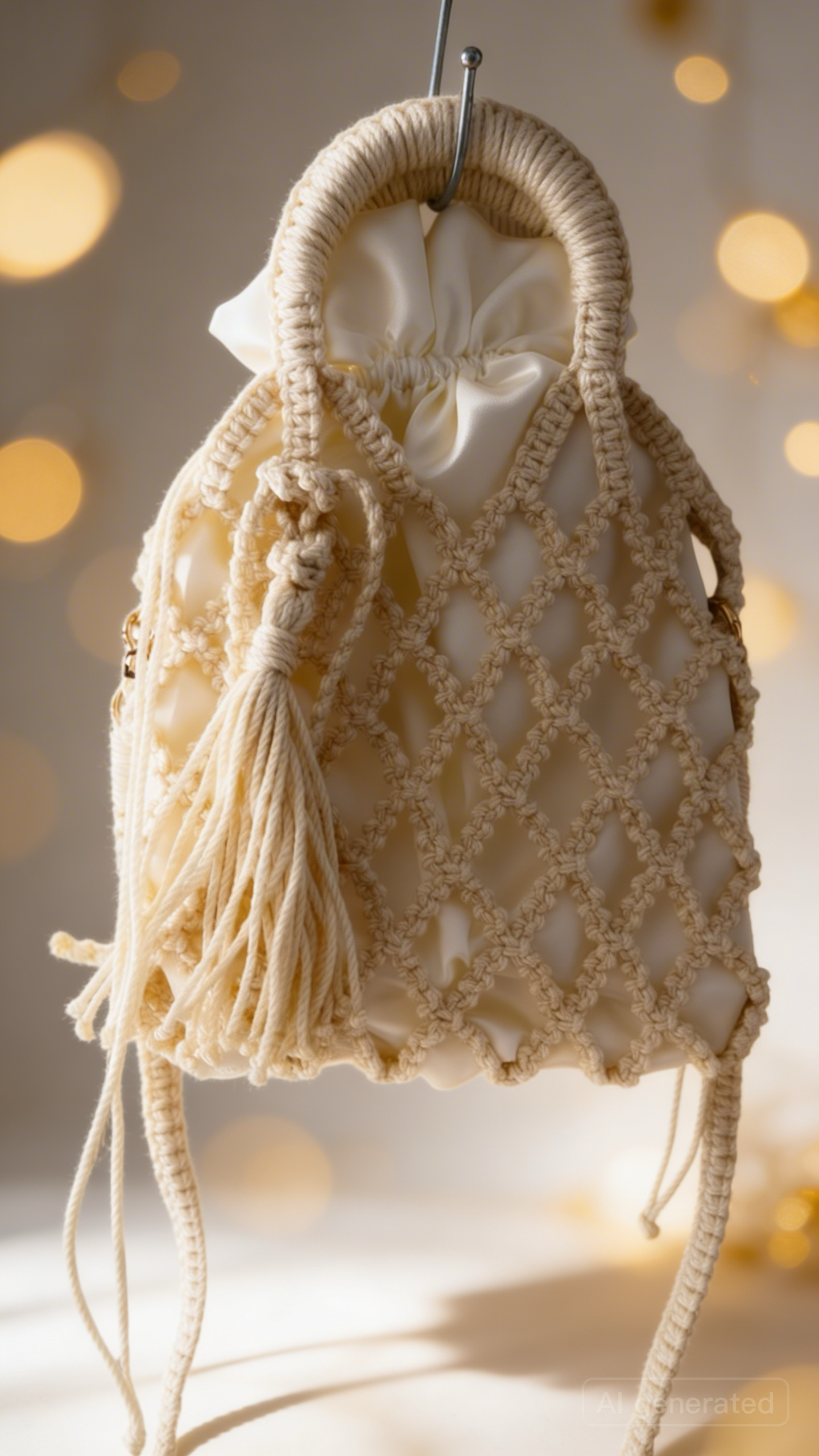 Handmade Macrame Fishnet Bag, Unique Luxury Handbag,  Handle top Small Macrame Purse