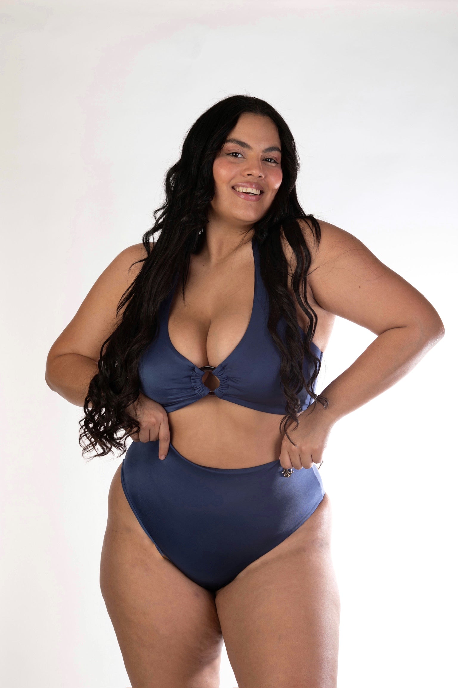 Navy  Blue Halter Top  with High-Waisted Shiny Bathing Suit Bikini Set