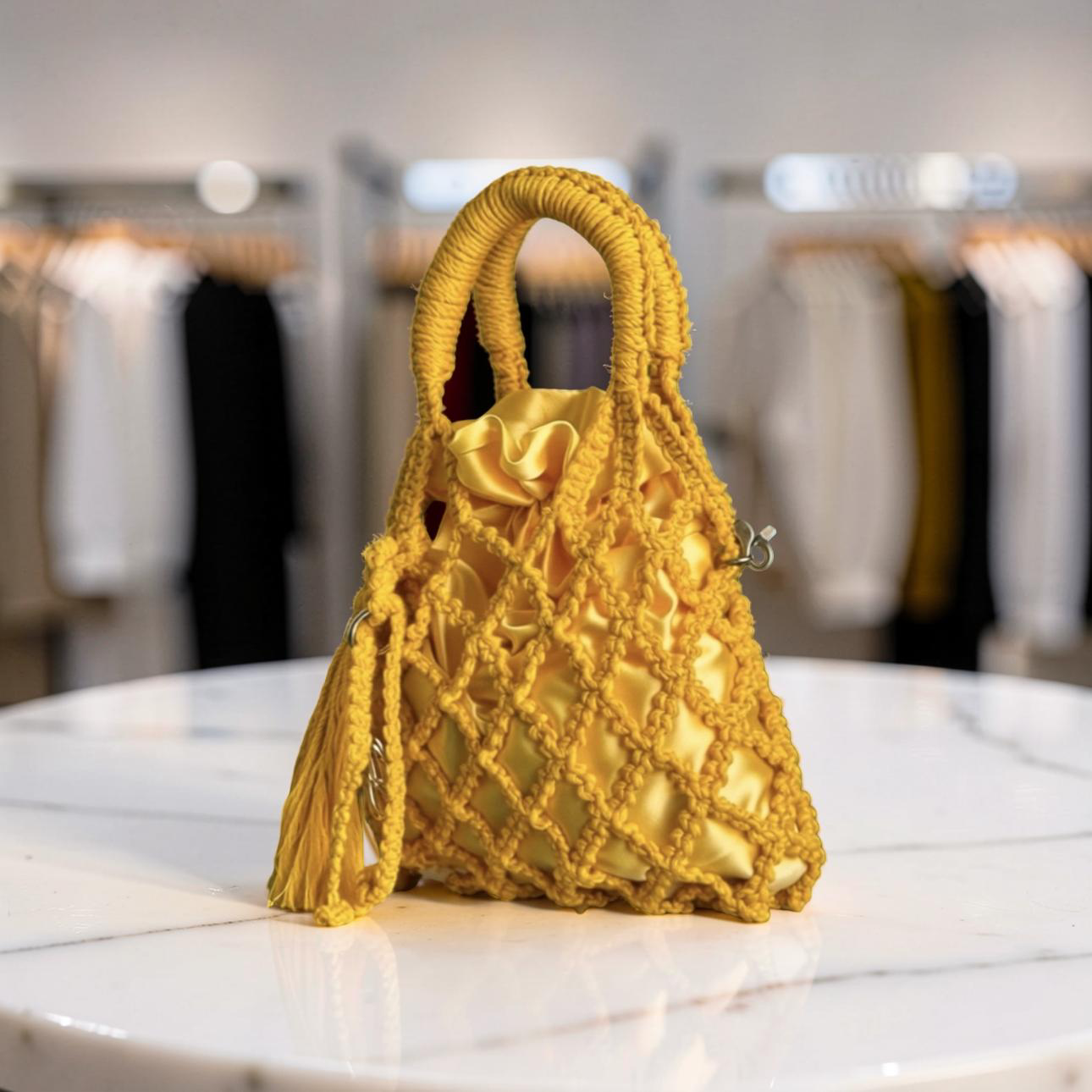 Handmade Macrame Fishnet Bag, Unique Luxury Handbag,  Handle top Small Macrame Purse