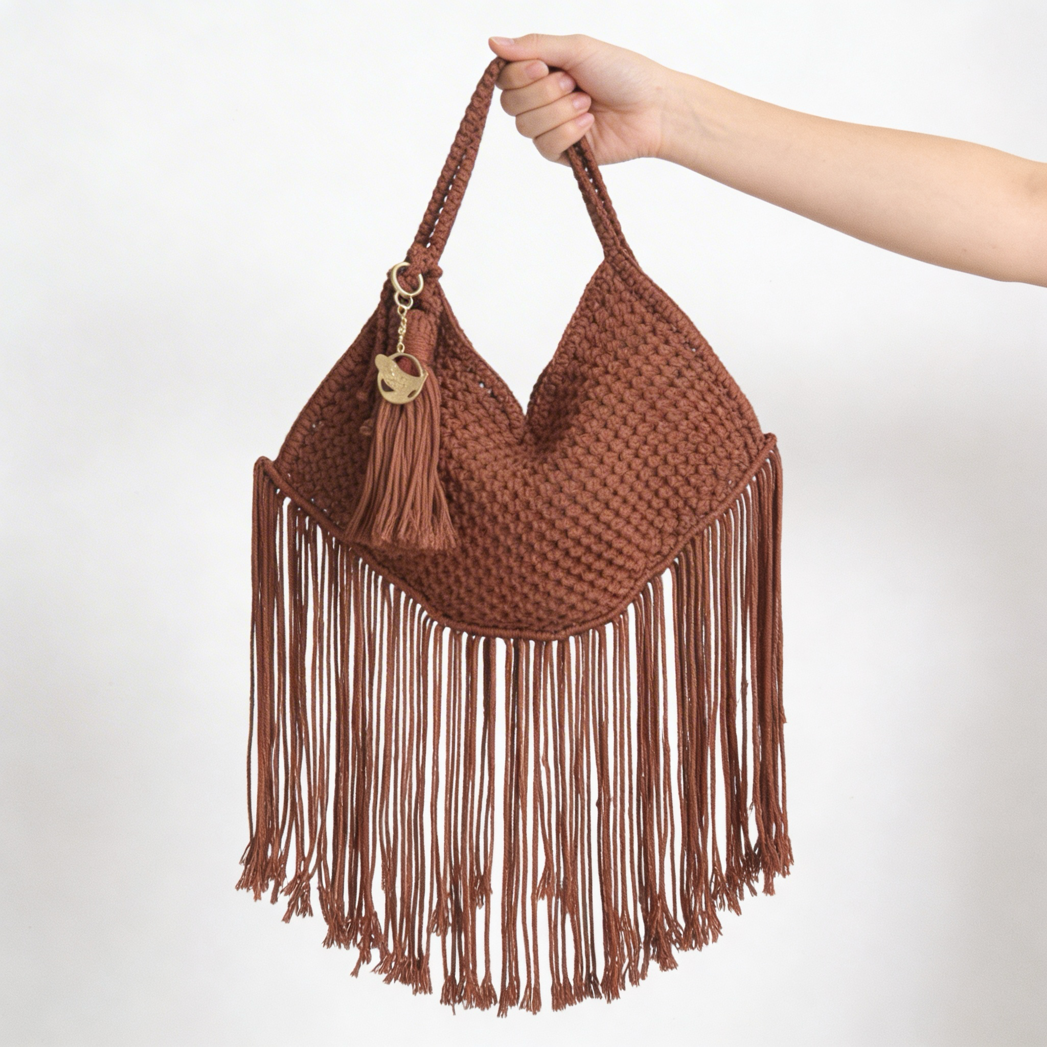 Handmade Brown Macrame Bag, Unique Boho Fringe Bag, Handwoven Shoulder Purse, Tote Crochet &nbsp;Handbag.