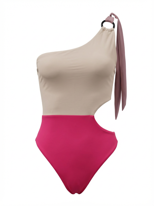 Color Block One Shoulder One Piece Swimsuit, Side Cutout Bathing Suit Women