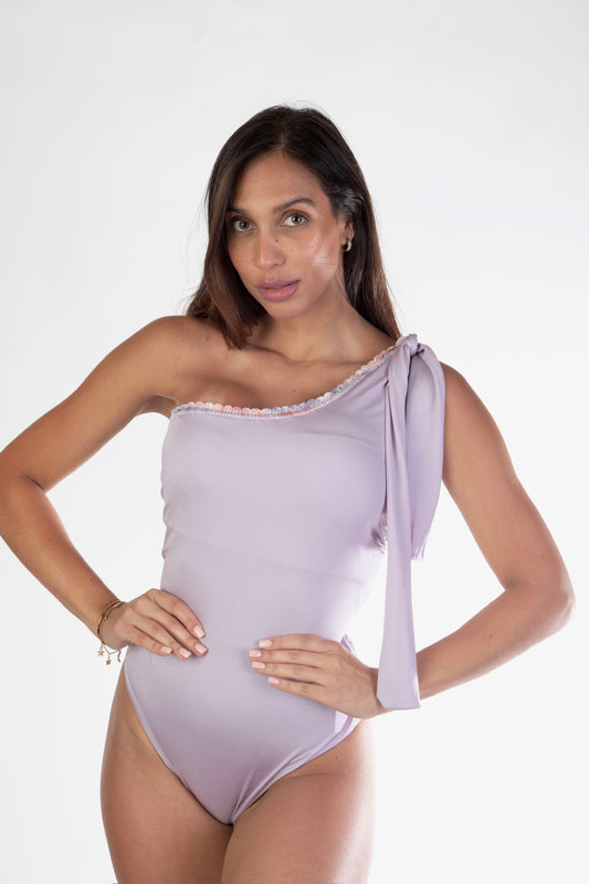 One Piece Shiny Swimsuit With One Shoulder Top
