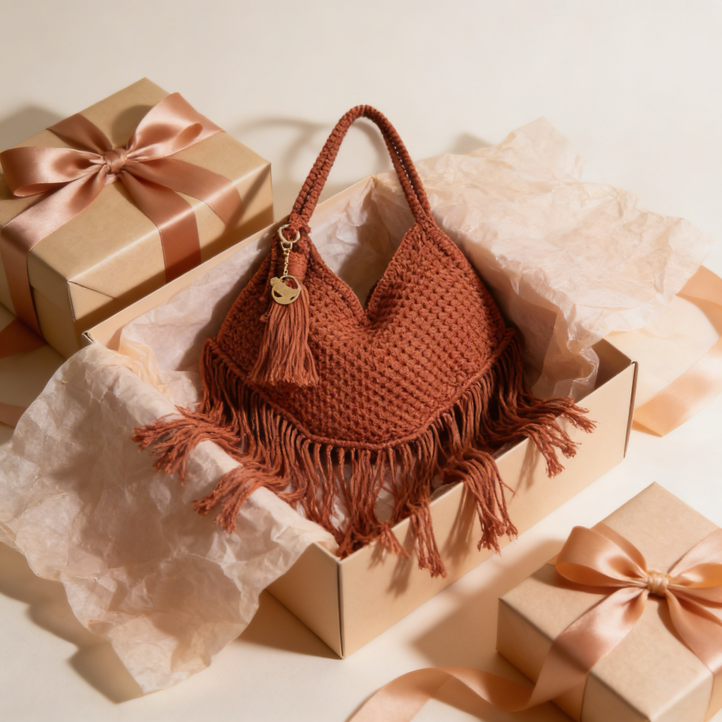 Handmade Brown Macrame Bag, Unique Boho Fringe Bag, Handwoven Shoulder Purse, Tote Crochet &nbsp;Handbag.