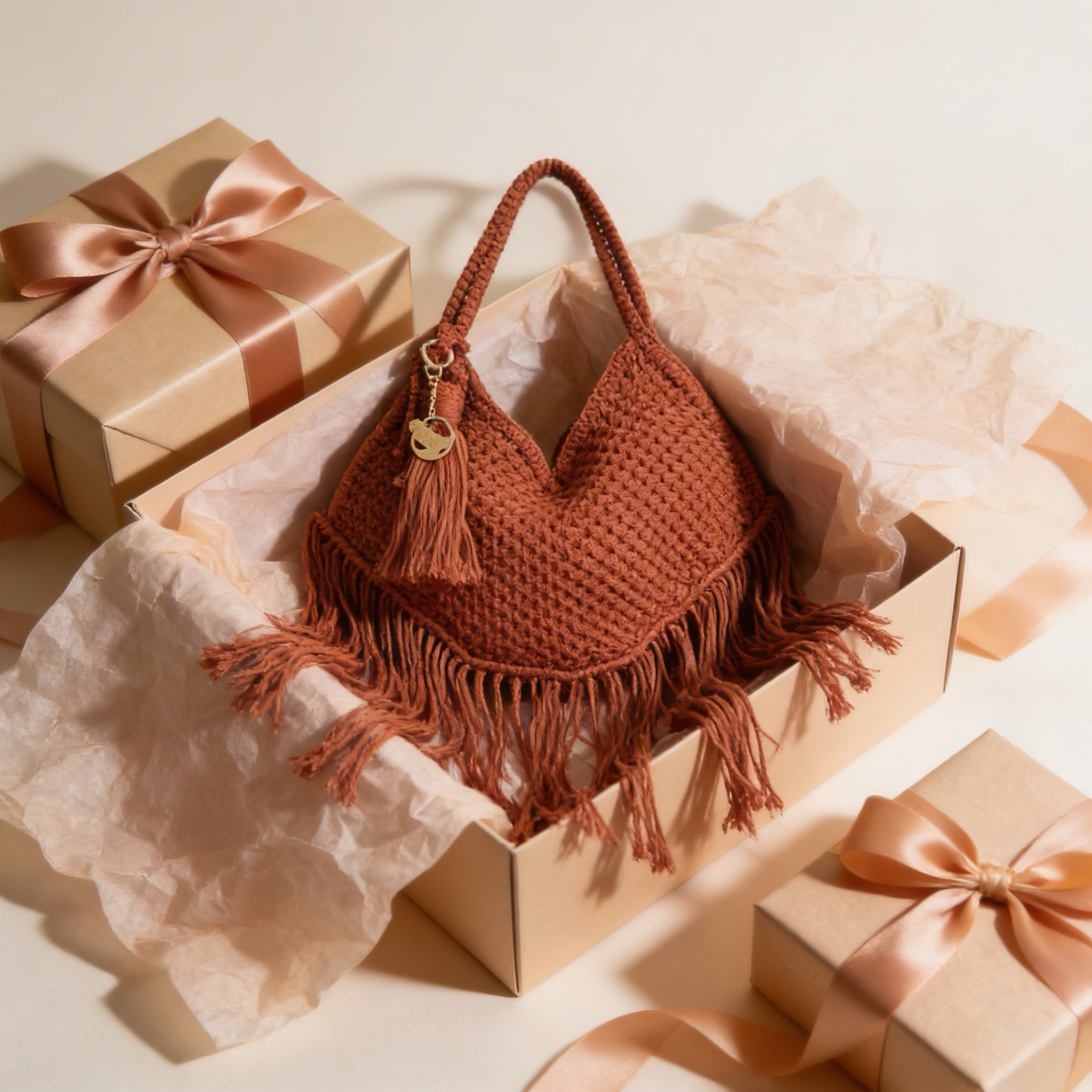 Handmade Brown Macrame Bag, Unique Boho Fringe Bag, Handwoven Shoulder Purse, Tote Crochet &nbsp;Handbag.