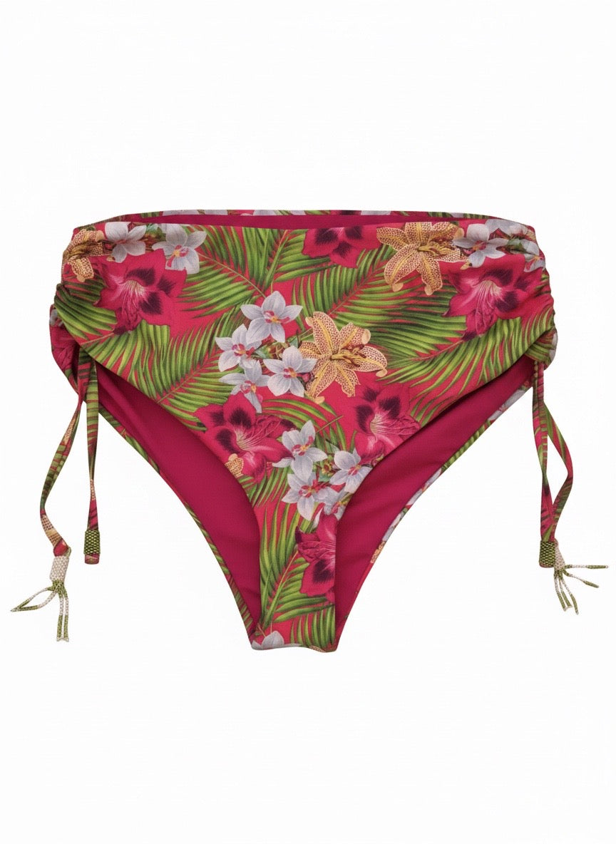 Hawaii Tropical High Waist Bikini Bottom, Ruched Tie Handmade Detail
