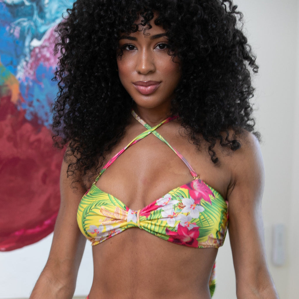 Hawaii Tropical Floral Bandeau Bikini Top, Removable Cross Straps, Handmade Detail