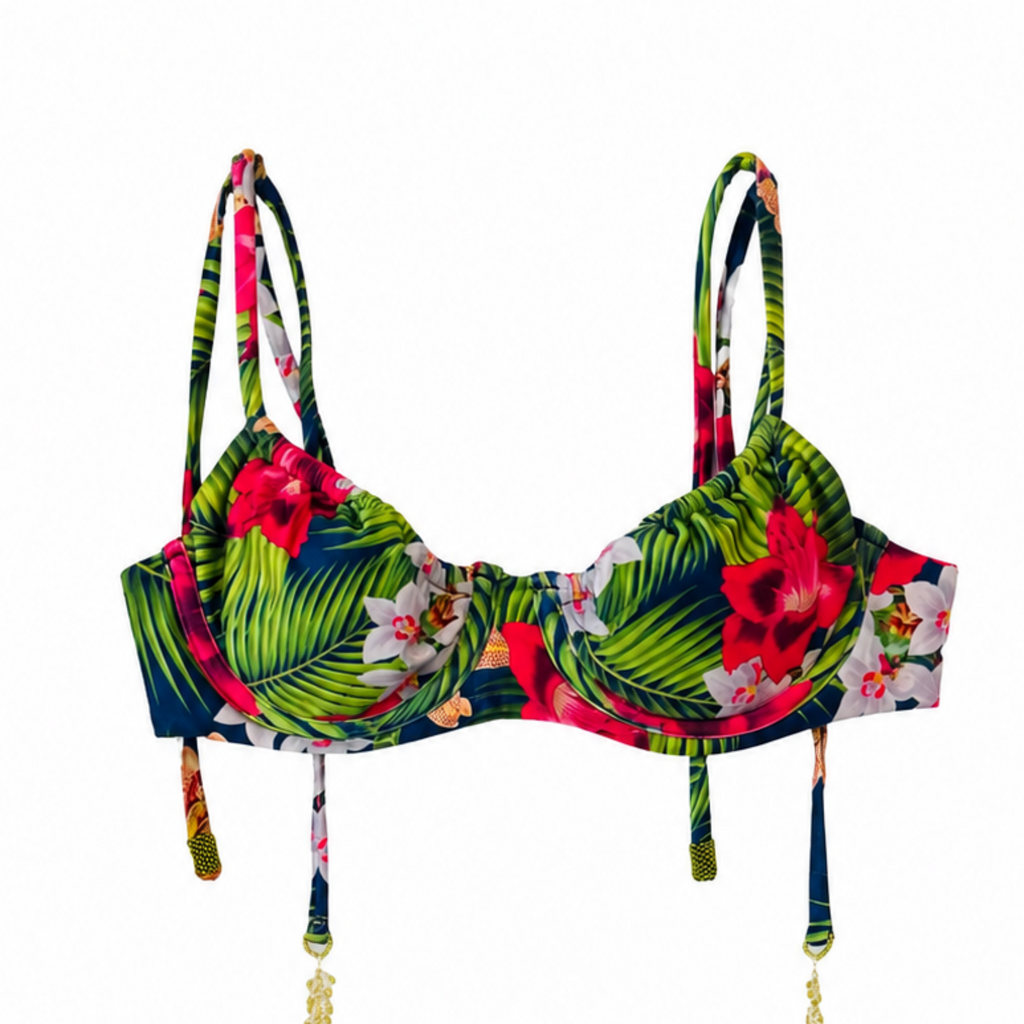 Hawaii Tropical Floral Underwire Bikini Top, Tie Shoulder Straps with Handmade Detail