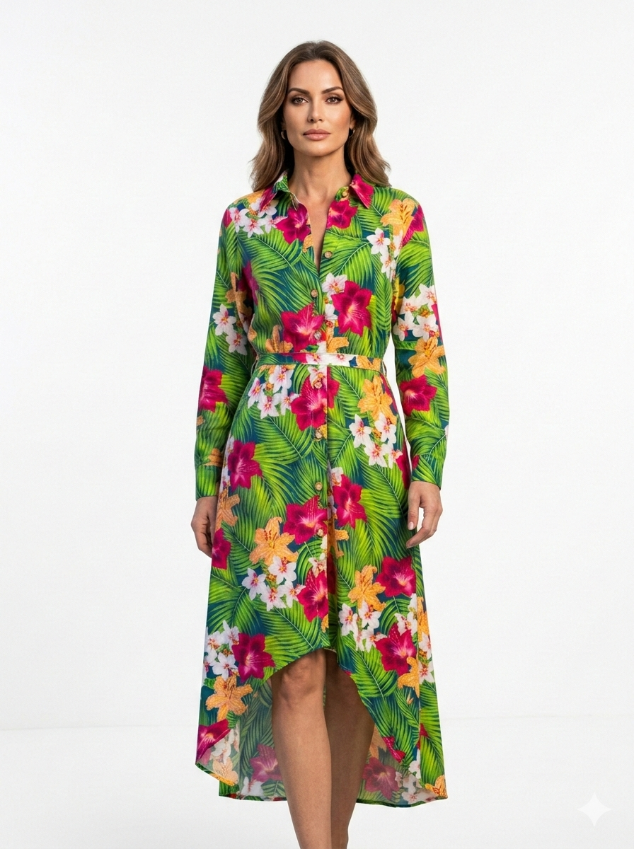 Floral Midi Dress Asymmetrical High-low Hemline with Pockets and Belt, Tropical Boho Dress for Women, Button Down Summer Dress, Resort Wear