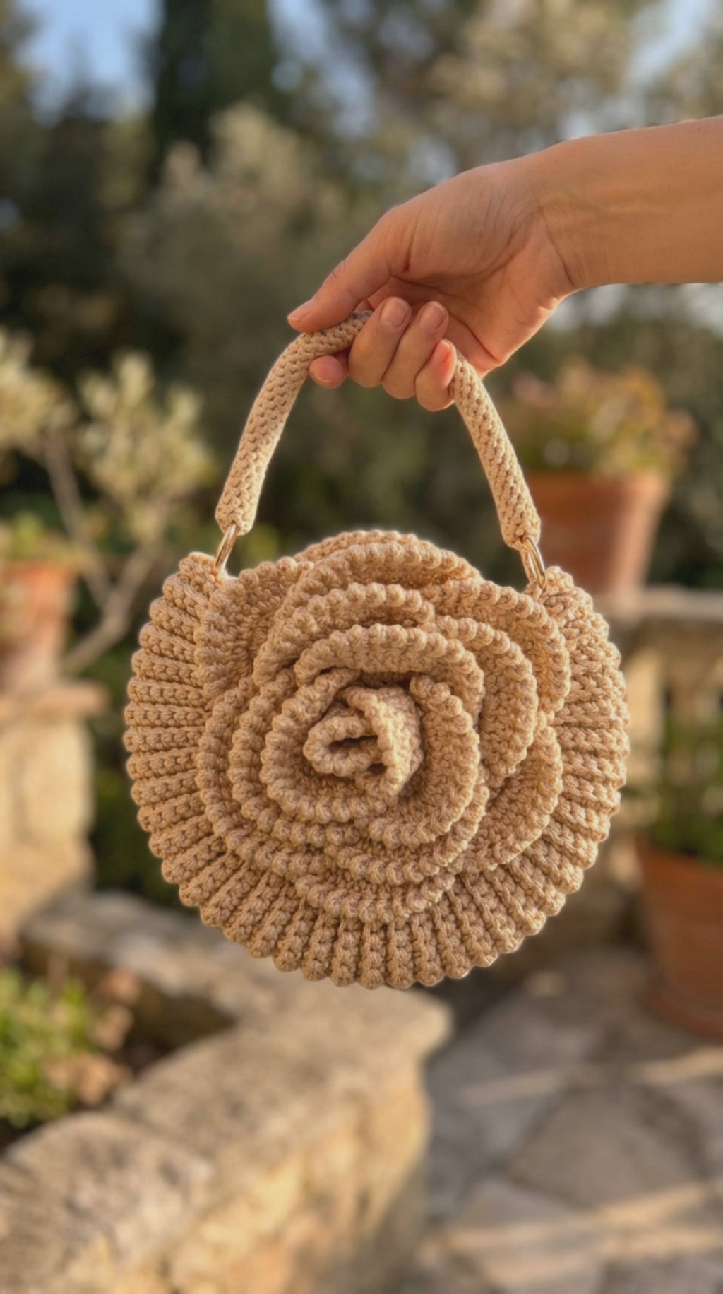 Handmade Rose Crochet Top Handle Bag, Round Flower Knitted Purse