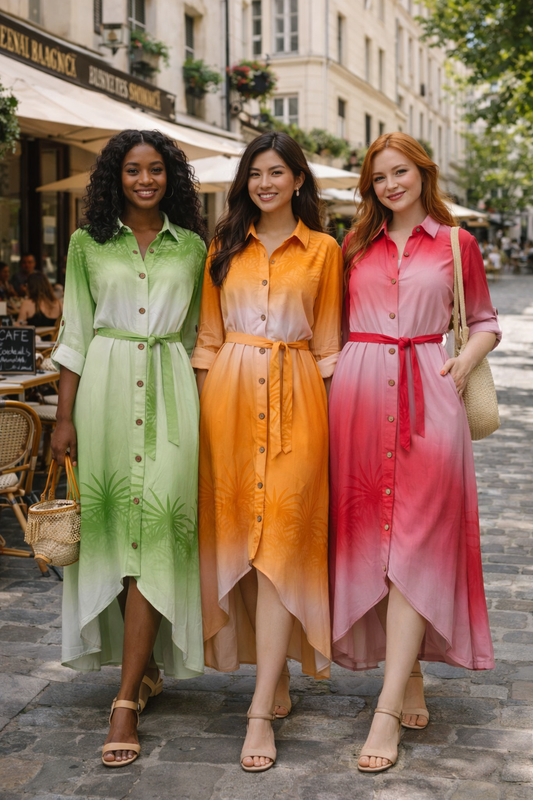 Ombre Midi Dress with Pockets and Belt, Asymmetrical High-Low Boho Dress for Women, Gradient Print Summer Dress, Beach Vacation Resort Wear
